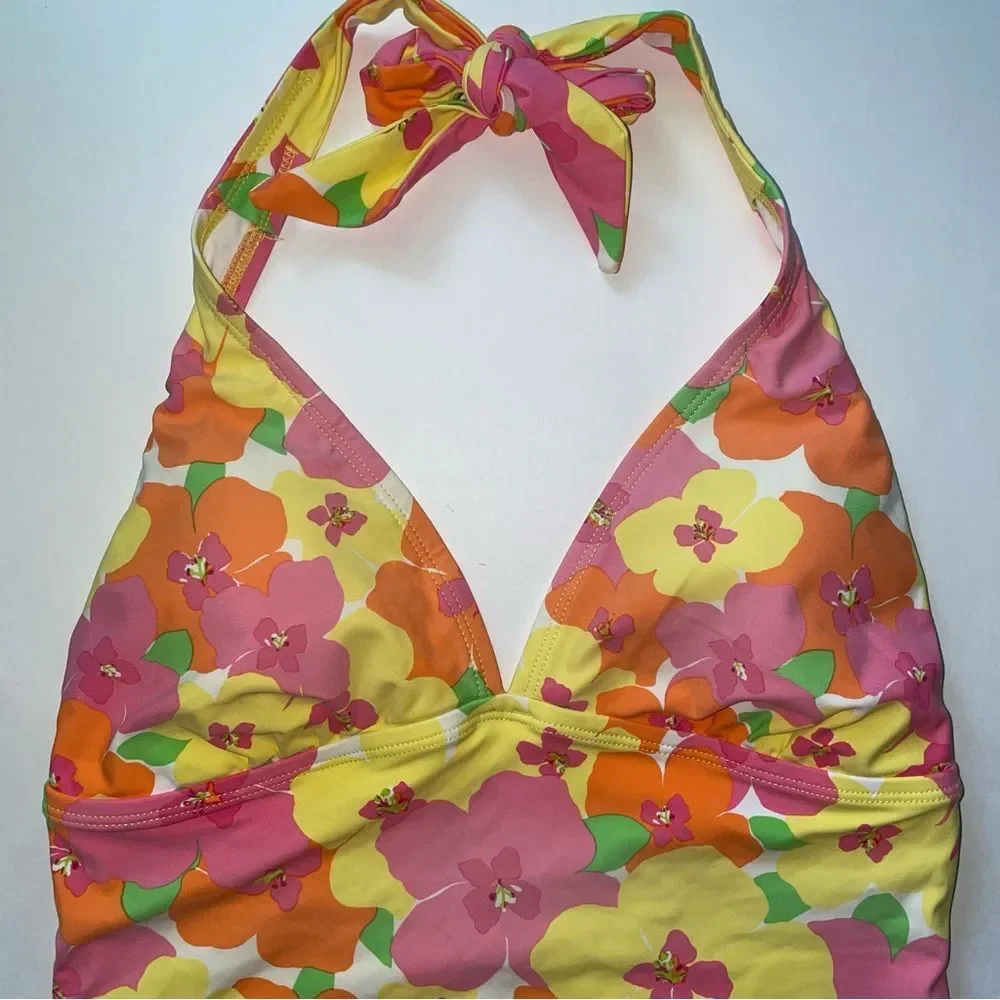 Lilly Pulitzer One Piece Swimsuit Pink Yellow Floral Halter Top Size Small